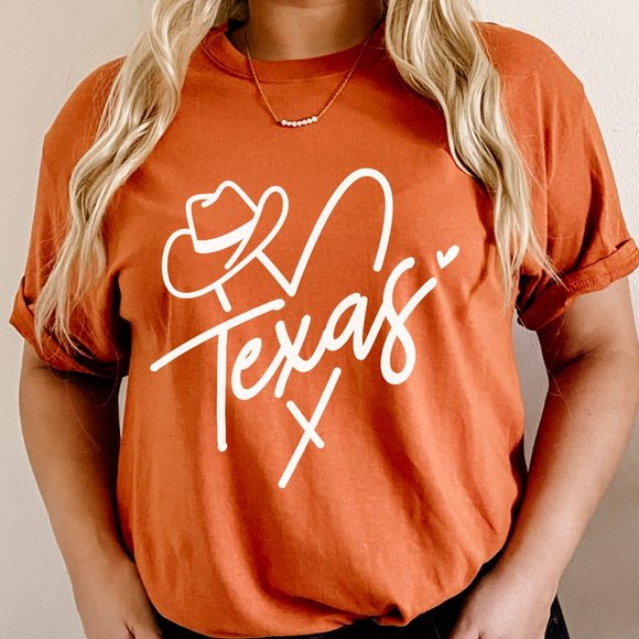 Desert Bloom Darlin Tops - Texas Cowgirl heart and Hat Burnt Orange T Shirt